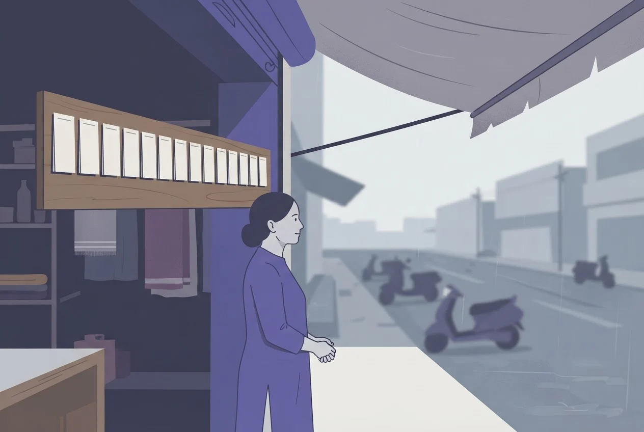 A business owner under a shop awning watches rain fall on the street, with a board of weekly task cards visible behind them.