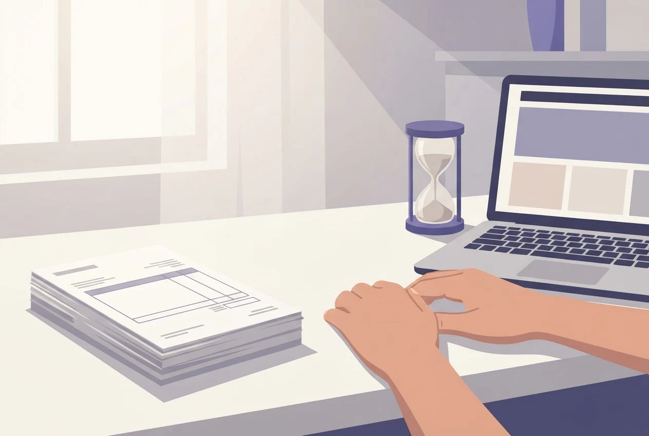 A freelancer's desk with a stack of unpaid invoices on one side and a sand timer and laptop on the other.