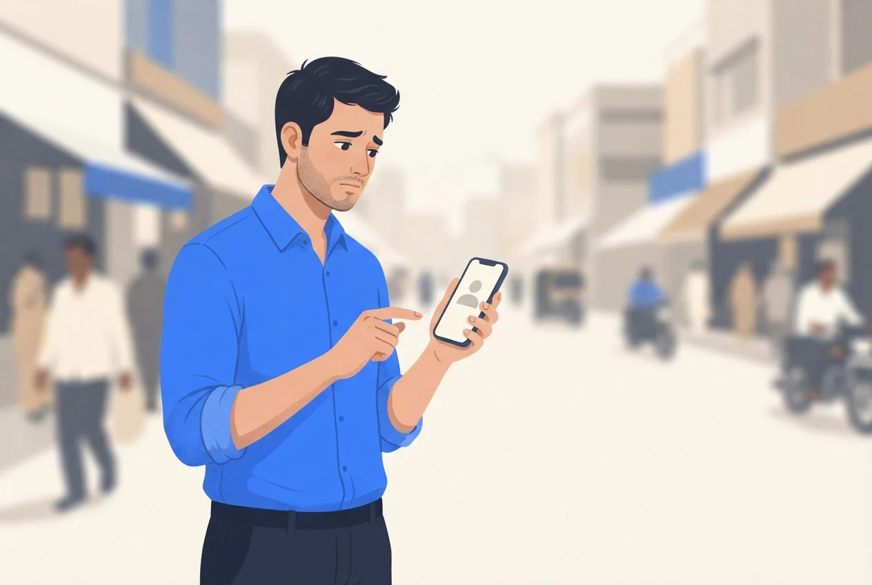 A man on an Indian street holds a ringing phone and hesitates to answer a call from a caller he does not recognise.