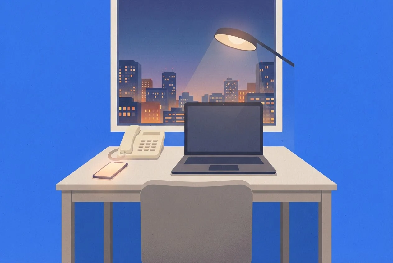 An empty office desk in the evening with a glowing phone beside a pushed-back chair and city lights outside the window.
