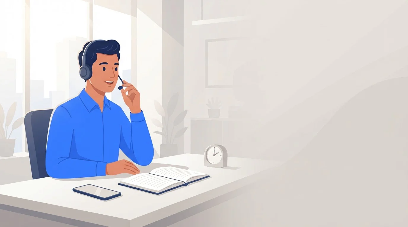 A sales rep wearing a headset takes a call at a tidy desk with a phone, notebook and small clock.