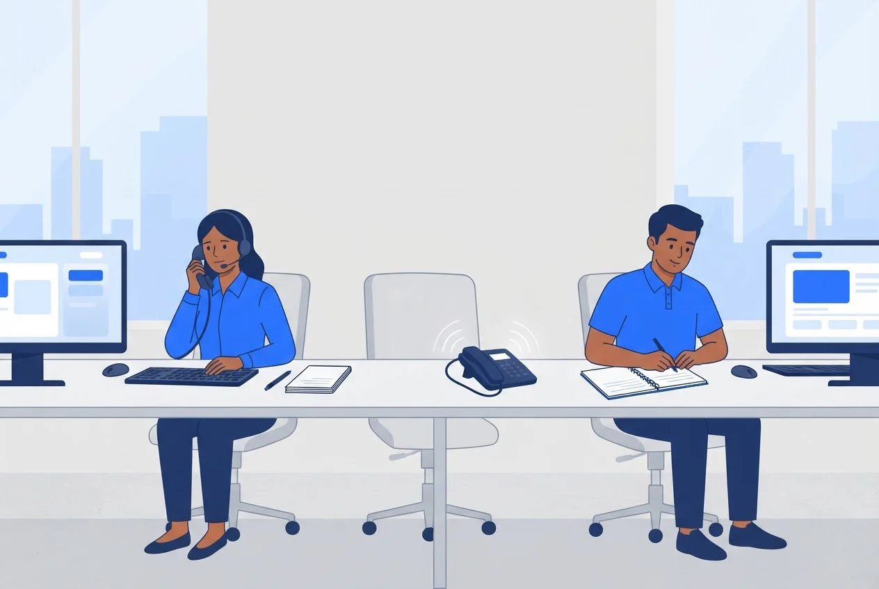 Reps at a desk row: one waits on a ringing call, a handset rings by an empty chair, and another writes notes.
