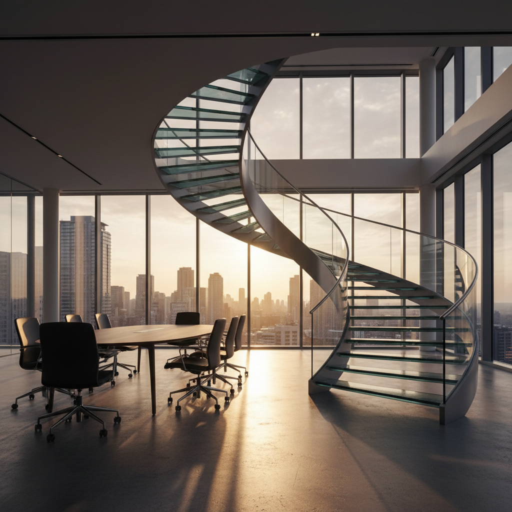 A sweeping glass and steel staircase curving upward in a modern corporate boardroom, illuminated by warm golden hour sunlight.