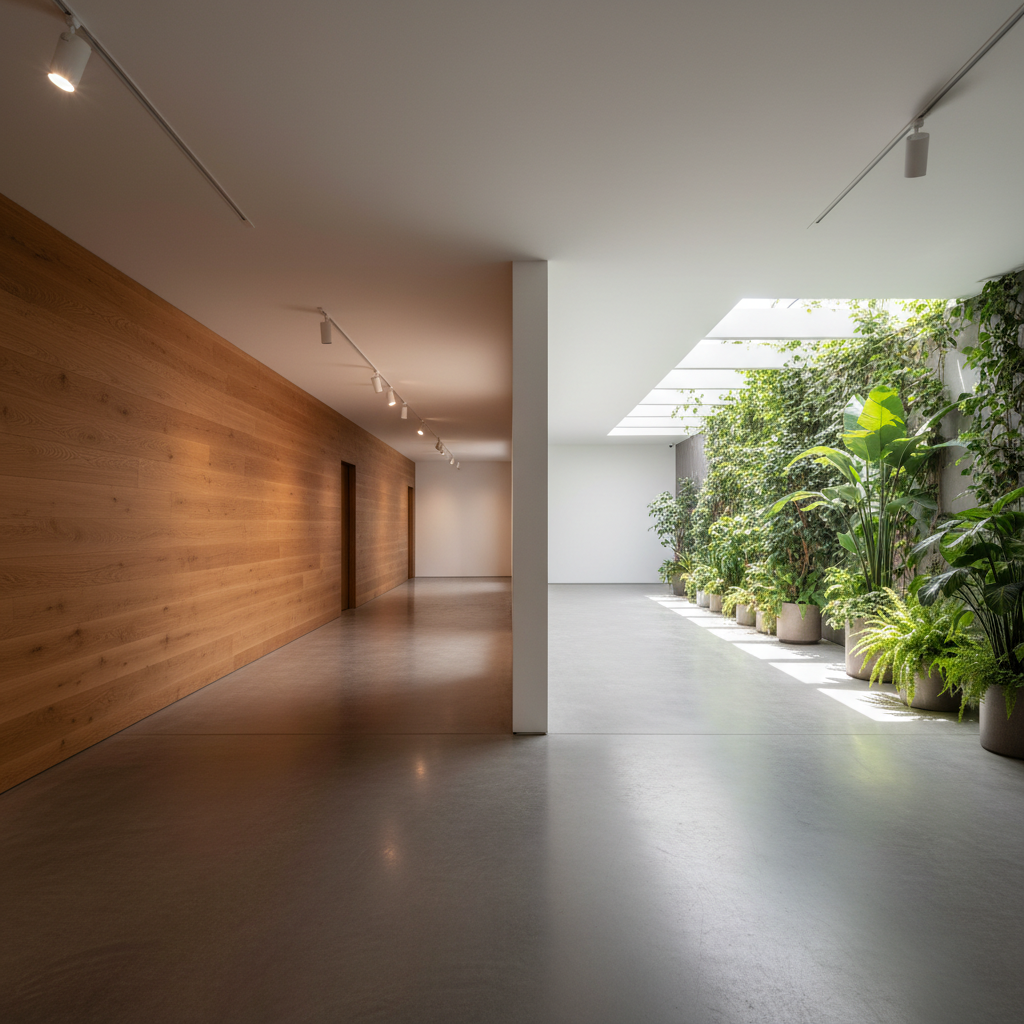 A minimalist modern corridor splitting into two elegant pathways, one leading to a wood-paneled wall and the other to a bright terrace.