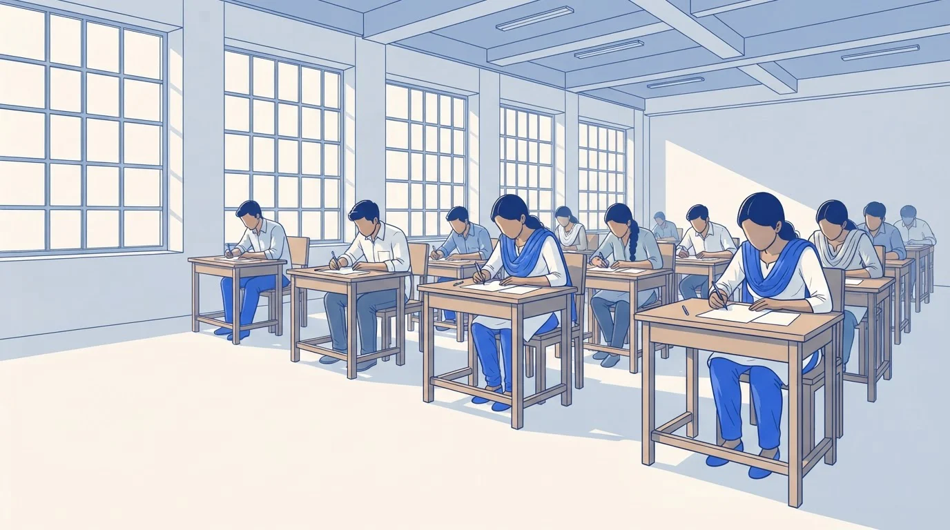 Young candidates sit in rows at desks in a sunlit examination hall, writing their CA Foundation papers.