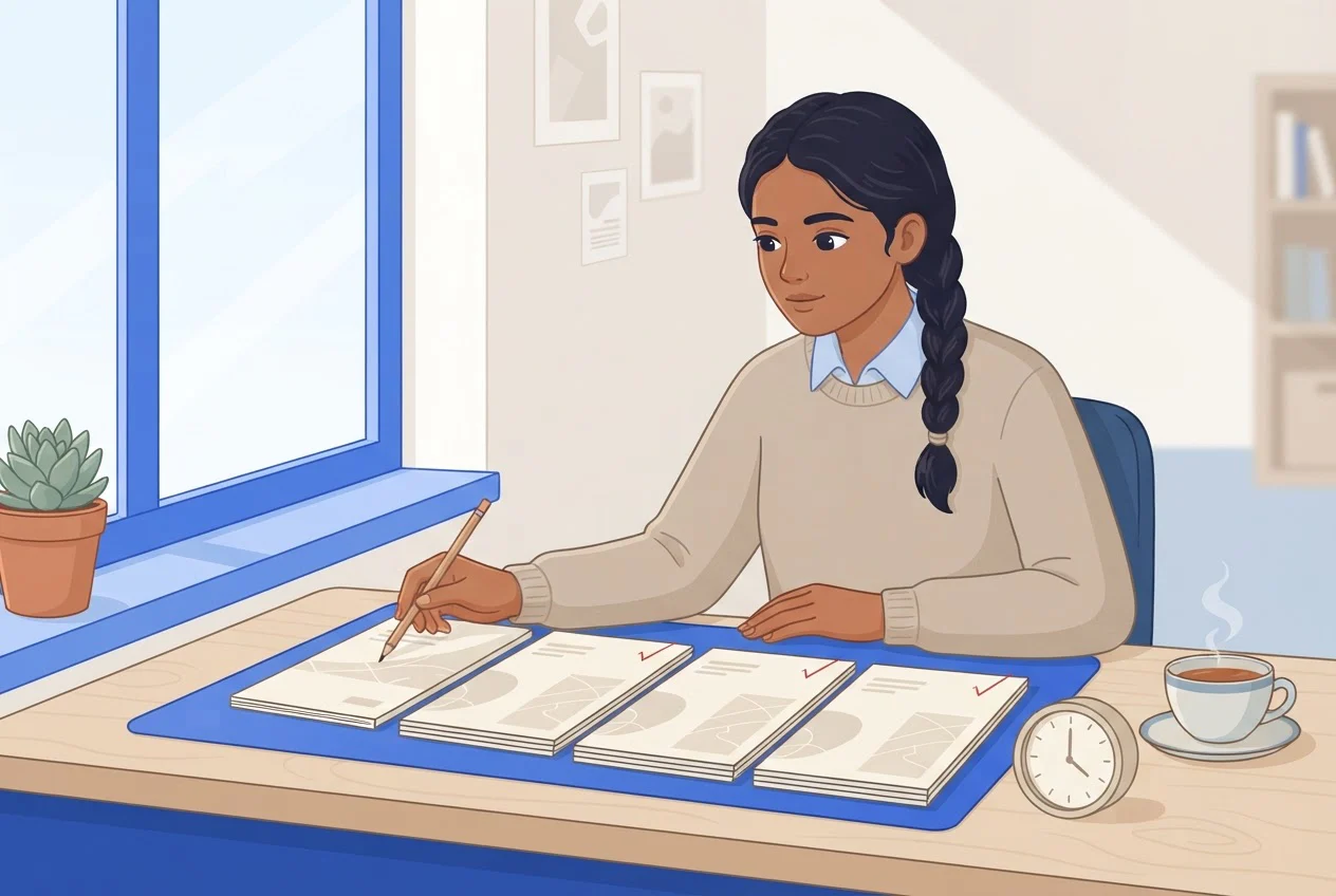 A student at a desk compares four marked mock-test booklets in a row and points at the weakest one.