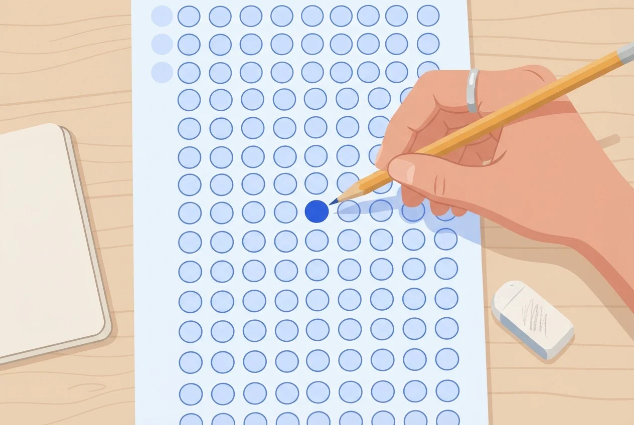 A student's hand holds a pencil over a bubble answer sheet, pausing before choosing an answer.