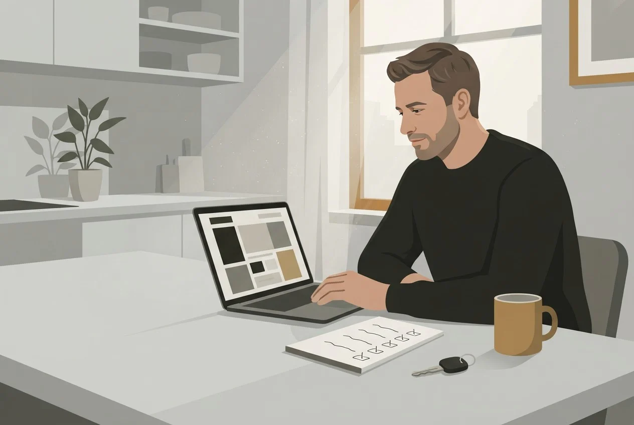 A job seeker compares a job listing against a checklist at a kitchen table, with a car key beside him.