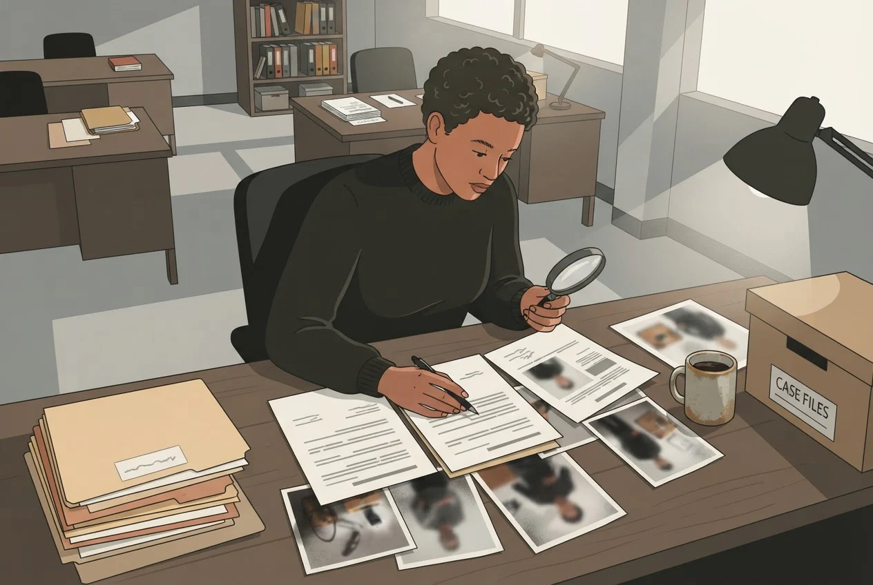 An investigator reviews police reports and evidence photos at a desk in a defender's office.