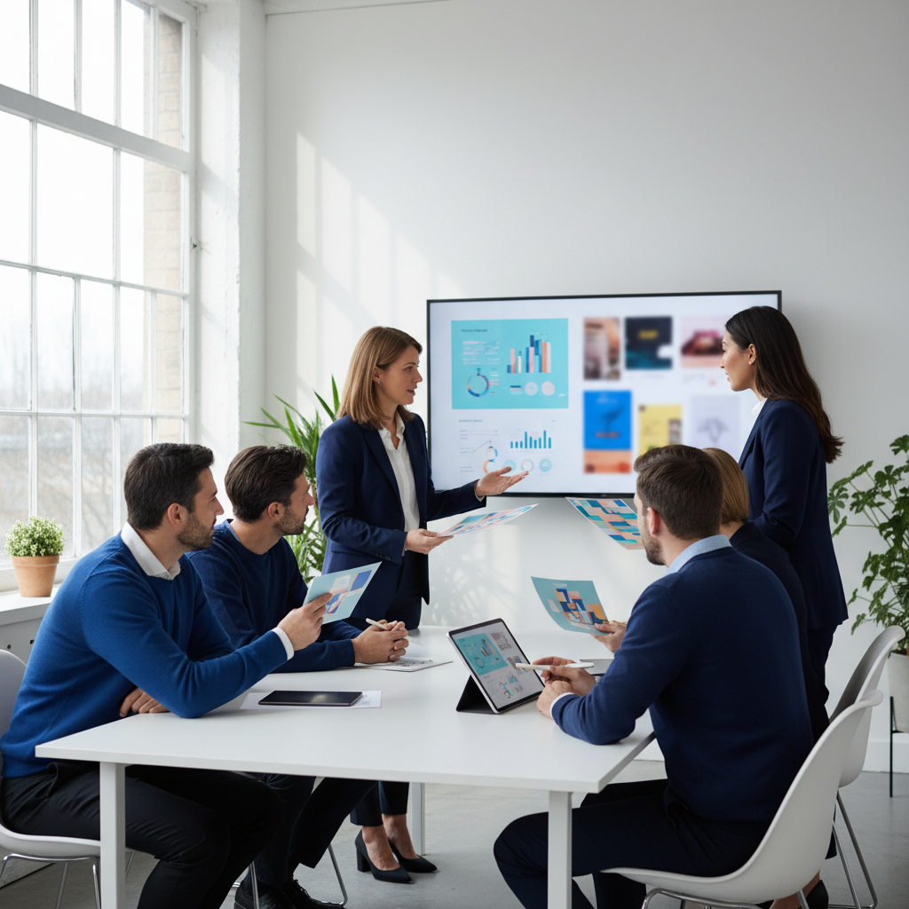 Paid social team reviewing weekly evidence-backed creative briefs