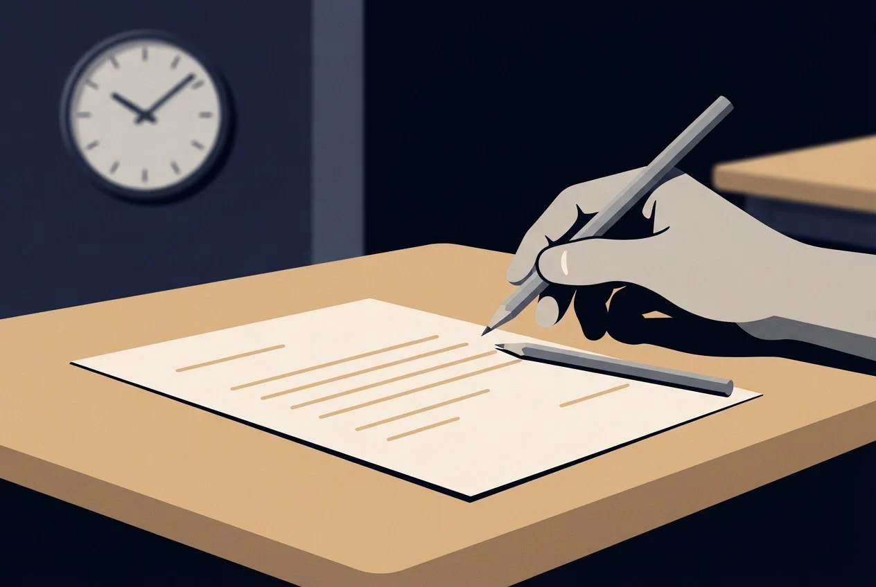 A hand holding a pencil over an exam paper on a desk, with a wall clock behind.