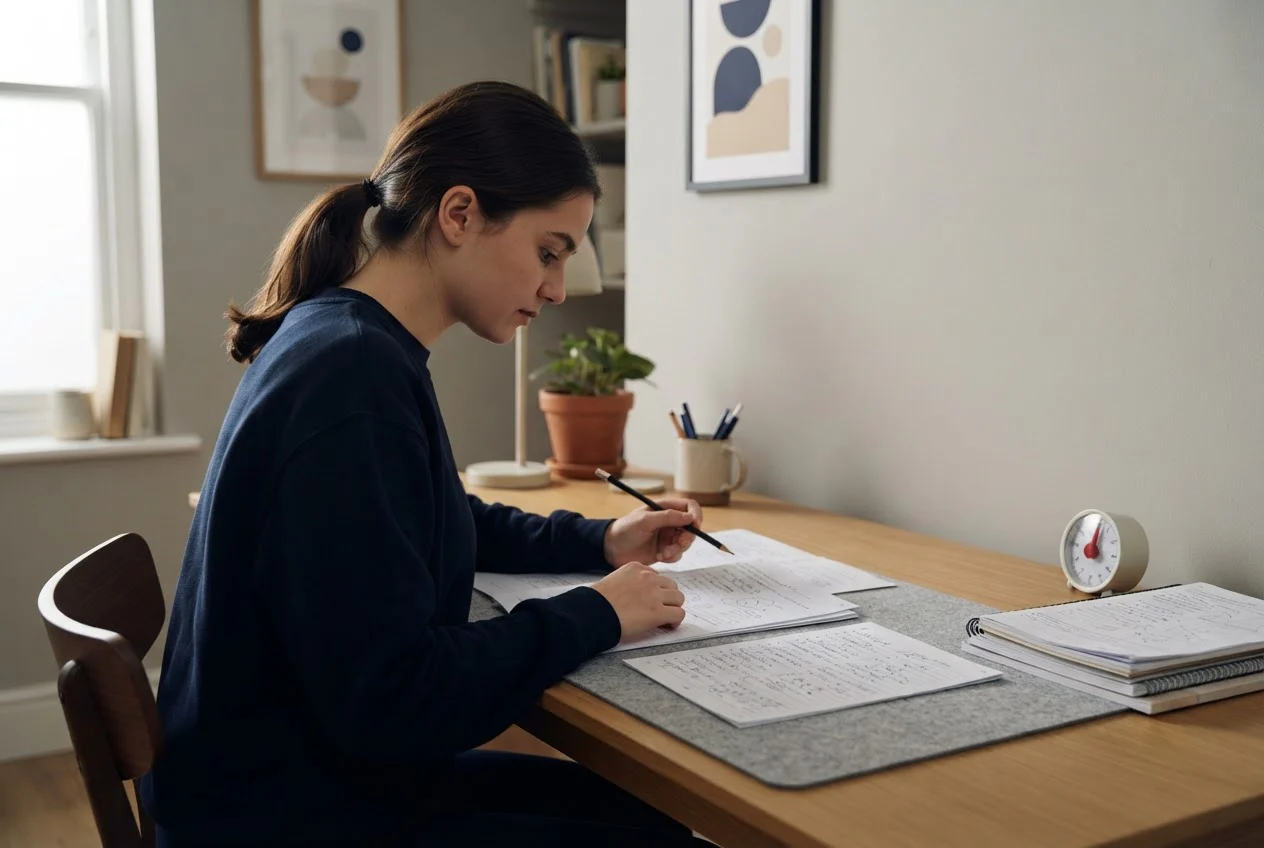 A student marks a completed practice paper against an answer sheet, with a timer on the desk.