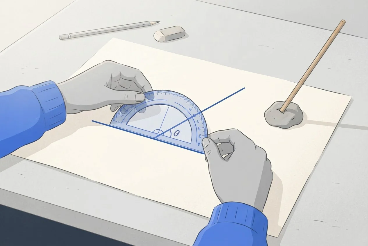 Hands measure the angle of a slanted line on a drawing with a protractor, next to a rod held at an angle in a stand.