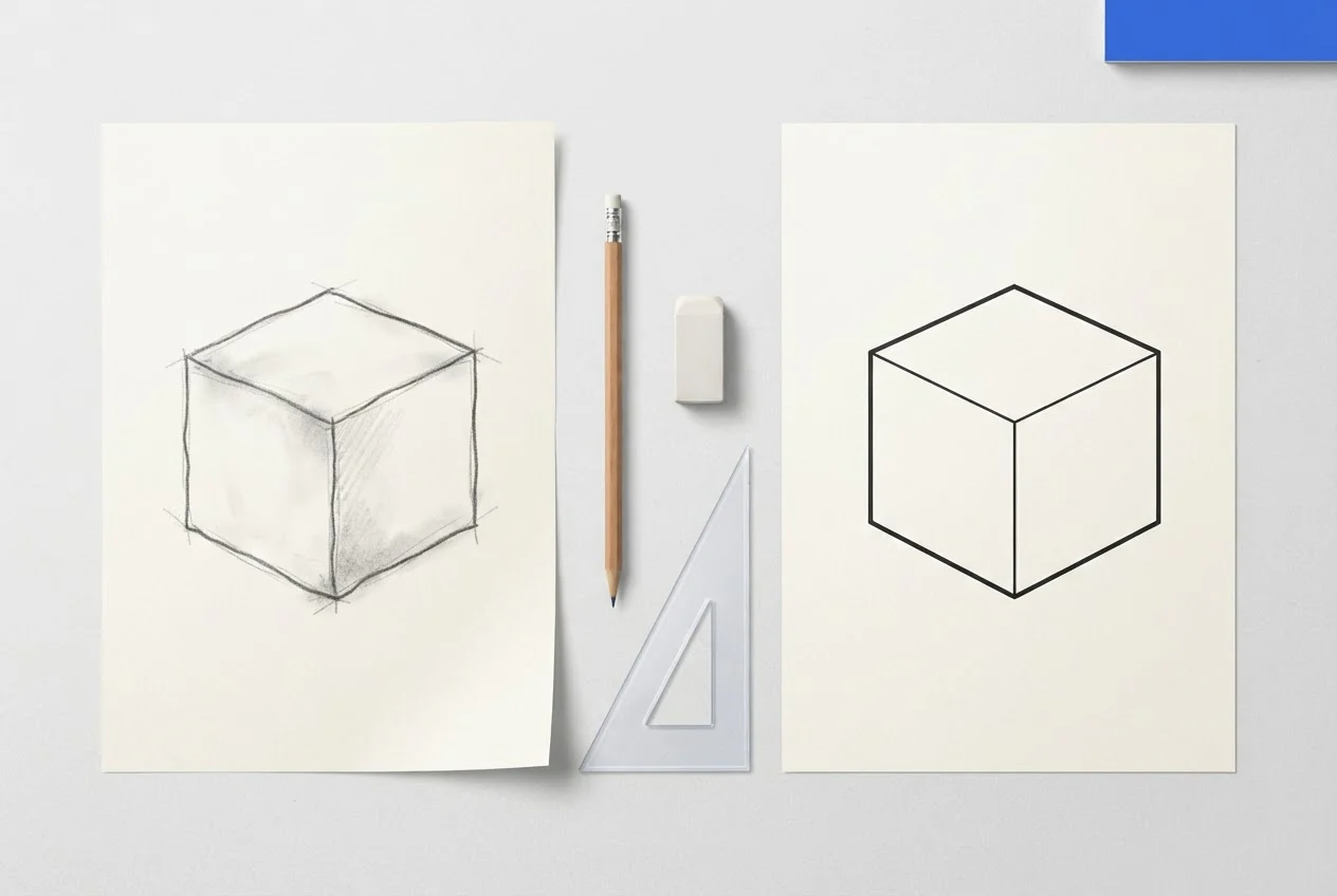 Two drawing sheets of the same block, one messy and one neat, with a pencil, eraser and set square between them.