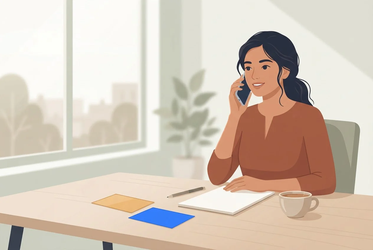 A young saleswoman in an Indian office talks on the phone at her desk with an amber card and a blue card beside her notepad.