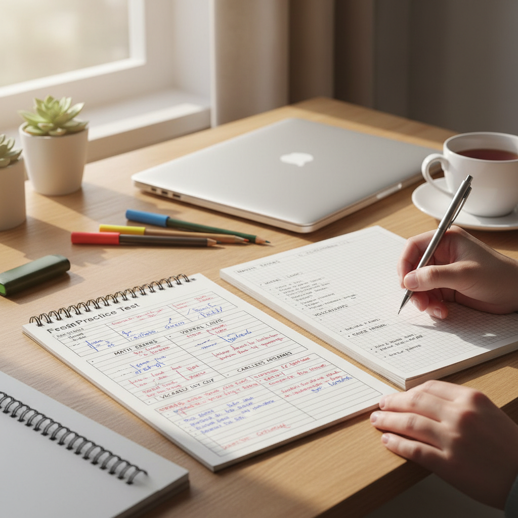 Student reviewing a handwritten mock-test error log