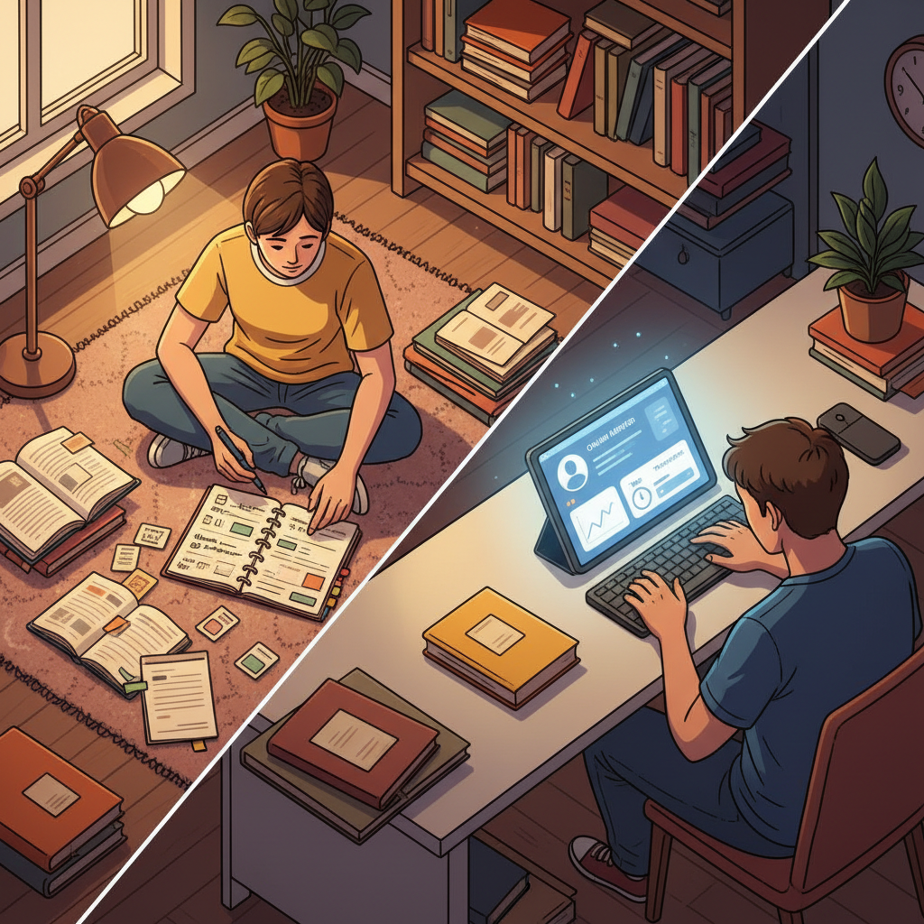Split-screen comparison of self-study and supported online preparation