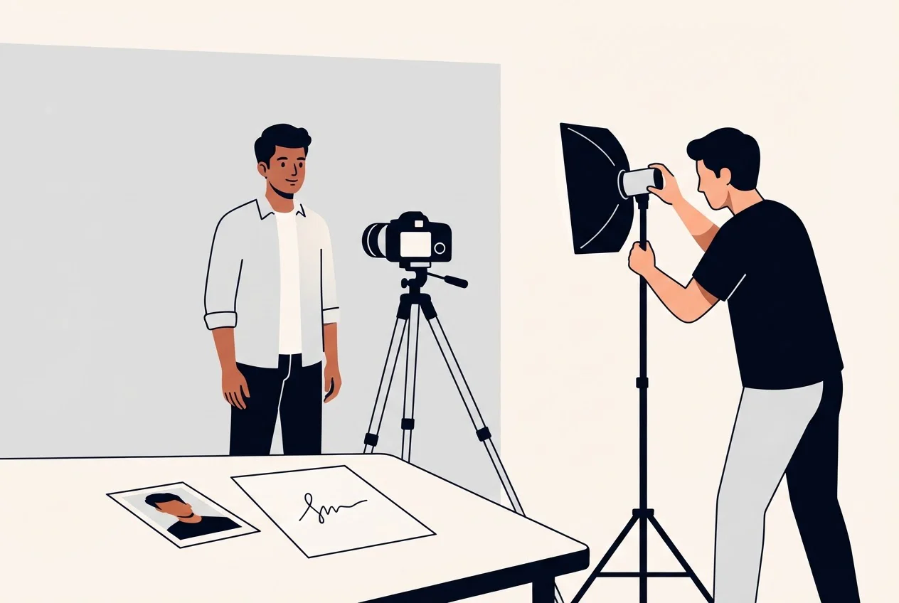 A young man posing against a plain wall for a passport photo while a photographer adjusts the light.