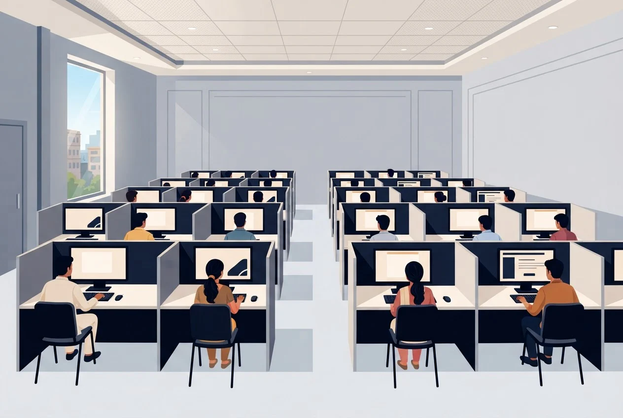 A quiet computer-based test hall with rows of desks and monitors.