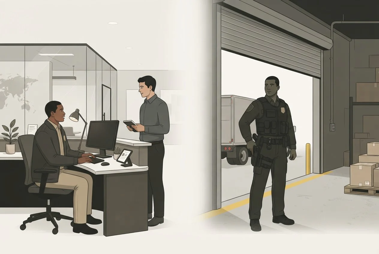 An unarmed worker at an access desk beside an armed worker at a loading dock, showing two different security posts.