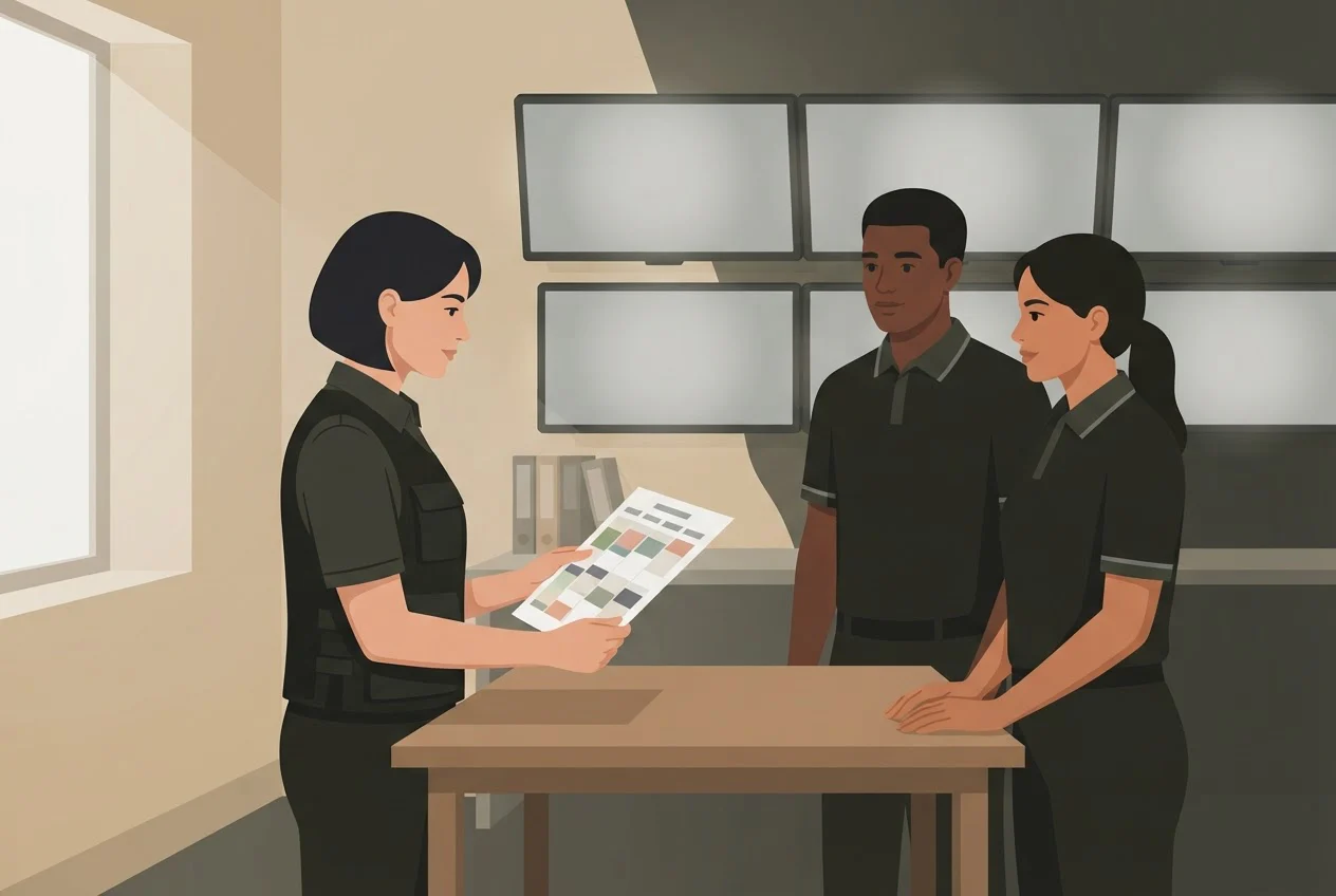 A uniformed supervisor going over a shift schedule with two colleagues in a small security office.