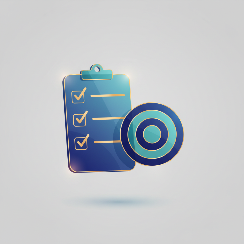 An abstract conceptual illustration of a checklist and a target, representing evaluation criteria and standard alignment.