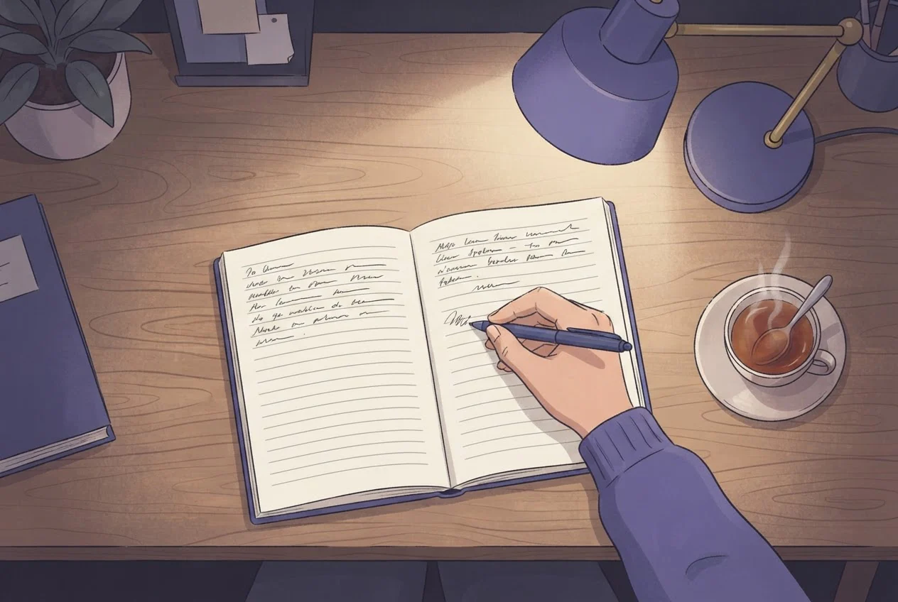 A hand writing in a notebook under a desk lamp, with a cup of tea beside it.