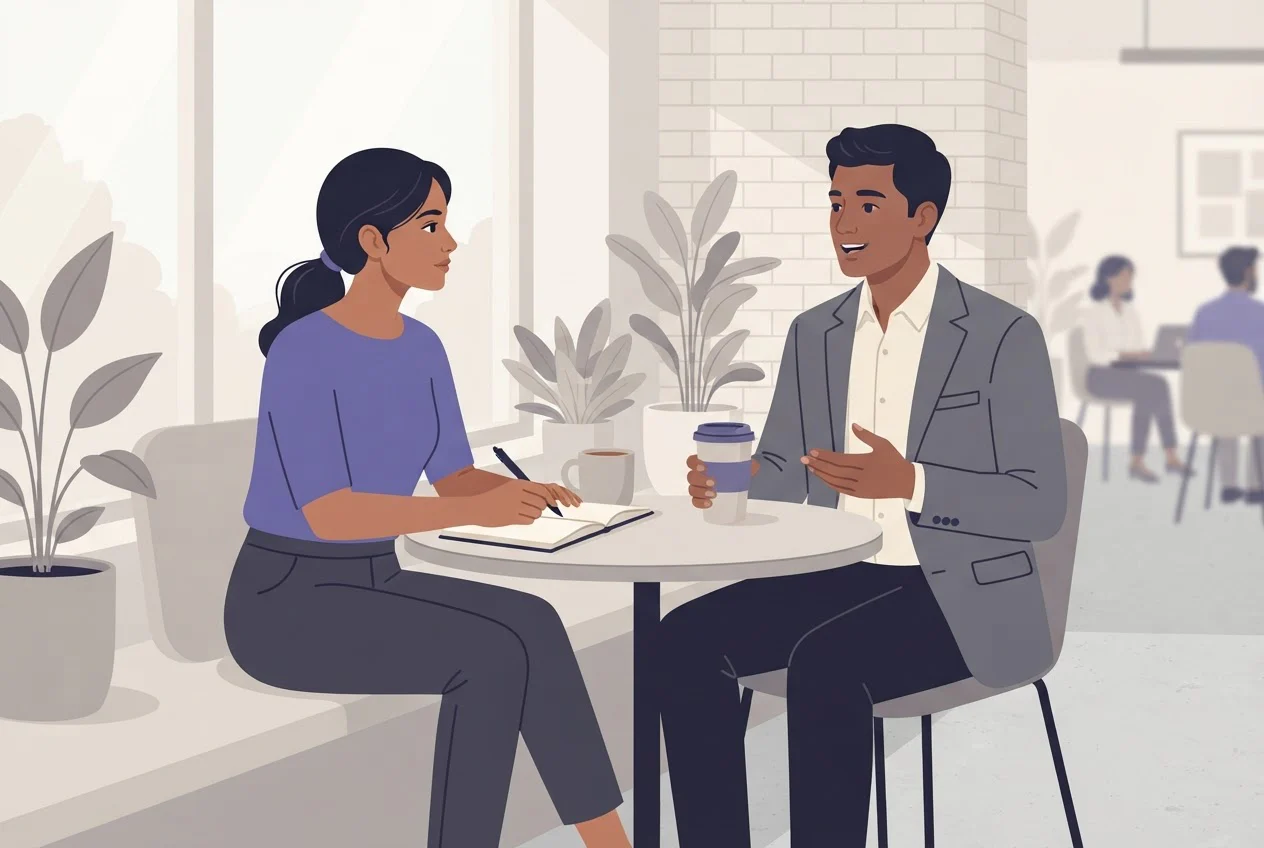 Two colleagues talk across a small table while one listens and takes notes.