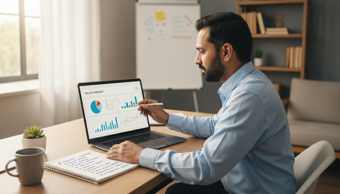 Coach and service business owner reviewing a simple performance dashboard