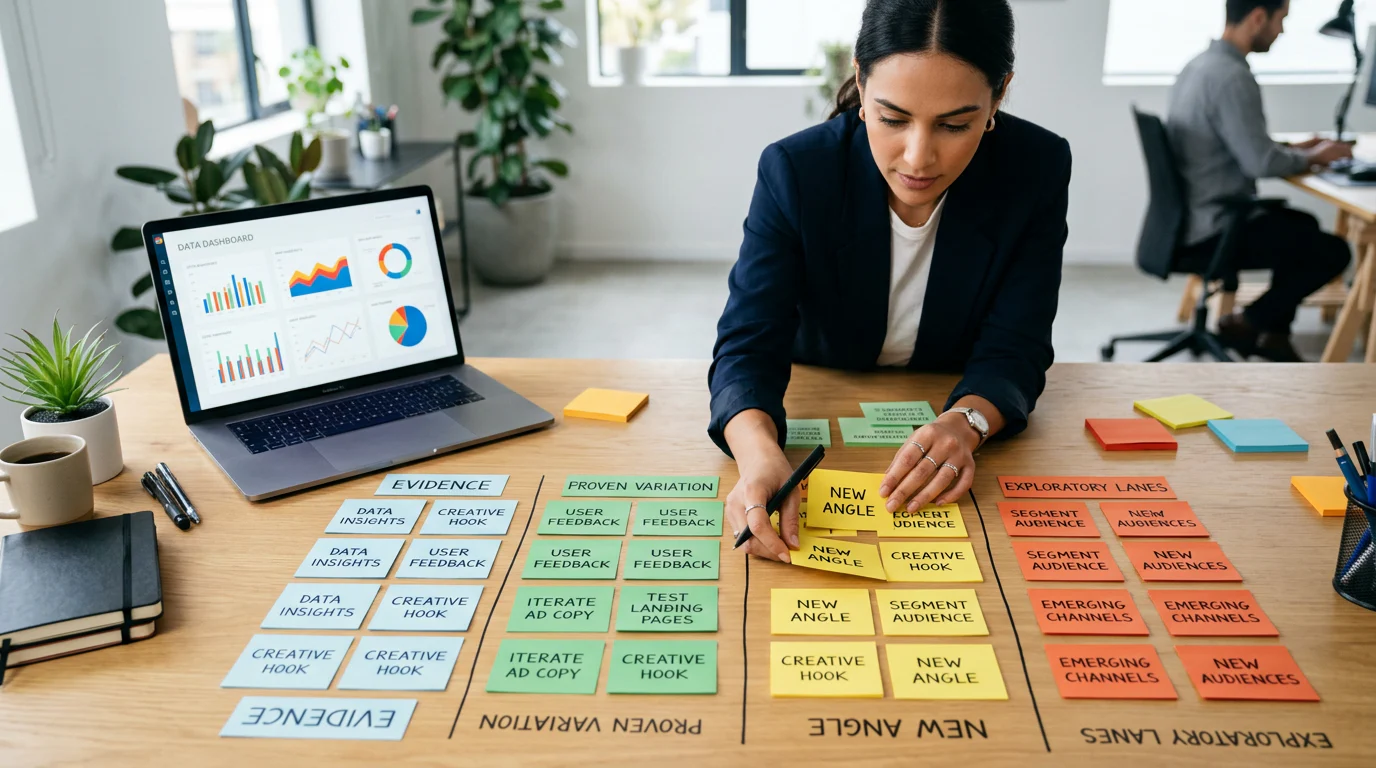 Structured Meta creative test planning board with ranked concept cards