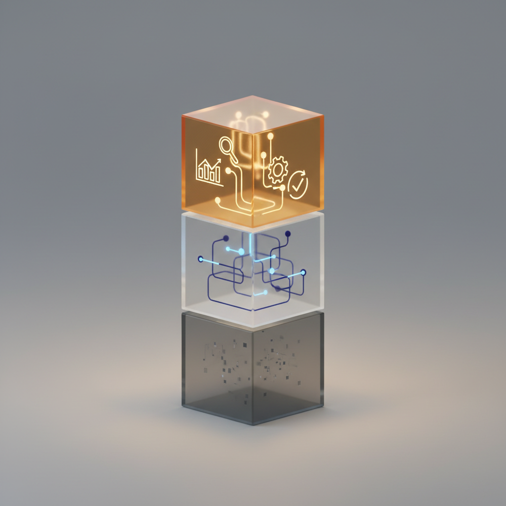 A clean, modern 3D diagram showing three stacked glass blocks representing levels of data depth, with the top block glowing to highlight 'Prescriptive Fixes' in the PageLens brand style.