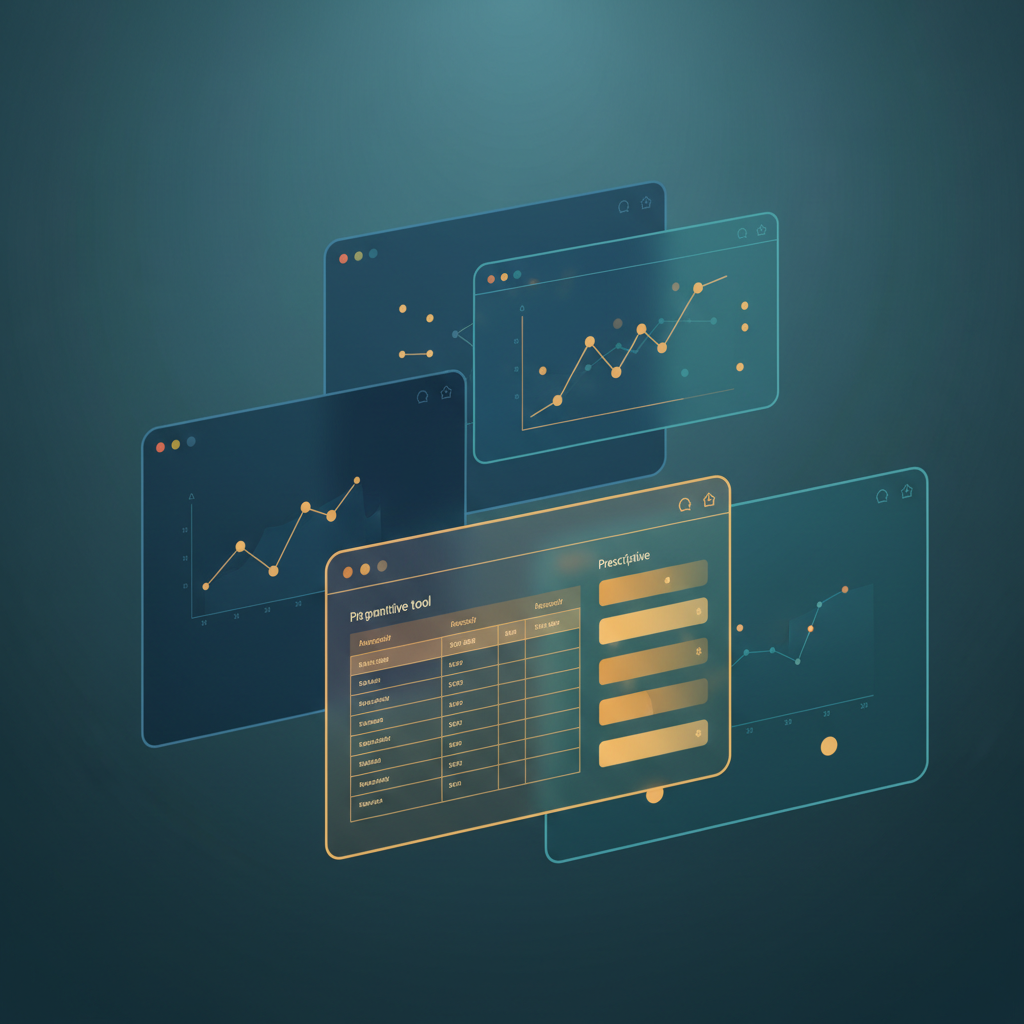 An abstract editorial illustration of multiple digital dashboard screens with varying levels of detail, symbolizing different AEO tools.