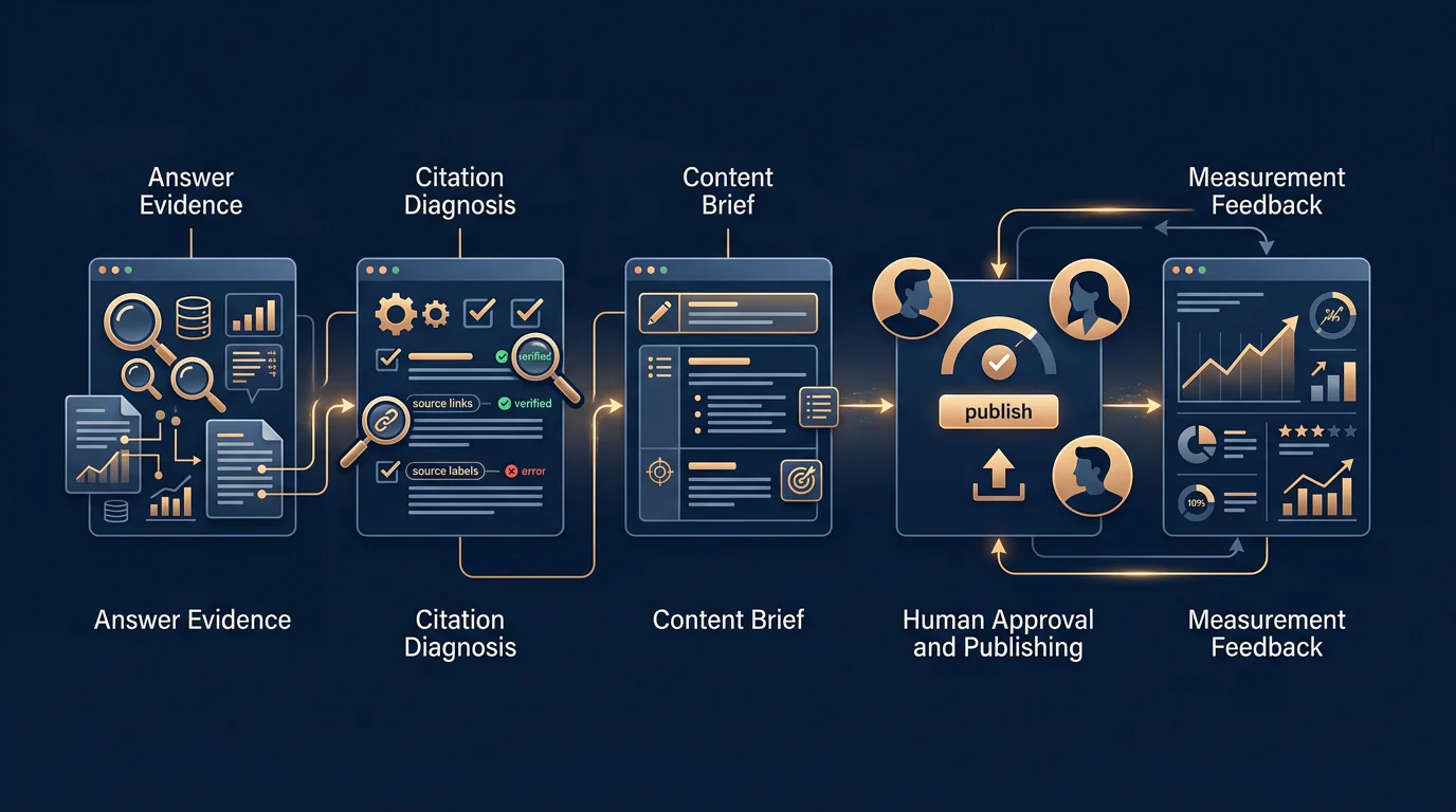 Evidence-to-publication workflow for AI visibility