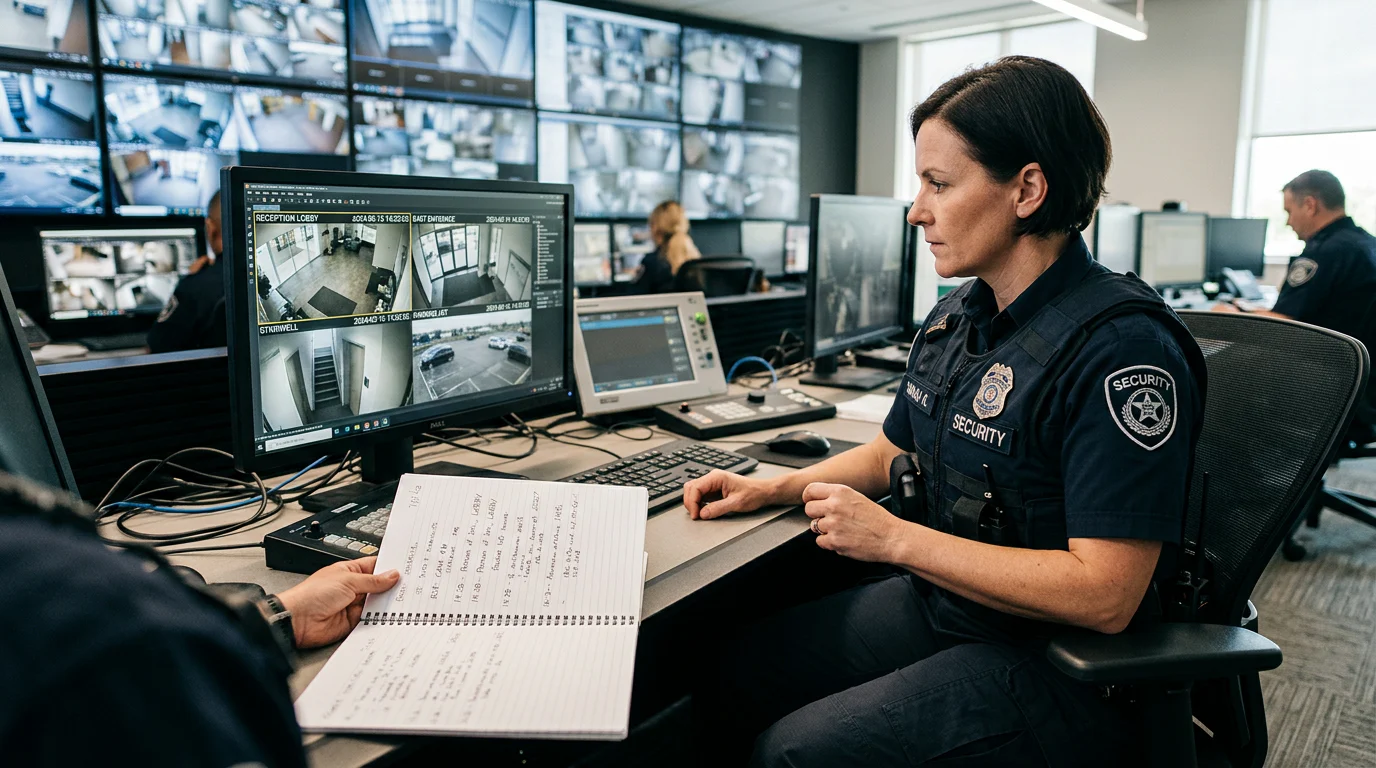 Security officer comparing field notes with CCTV footage