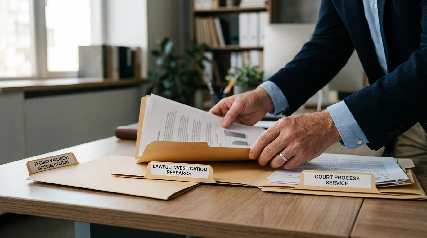Professional comparing security, investigation, and process service materials