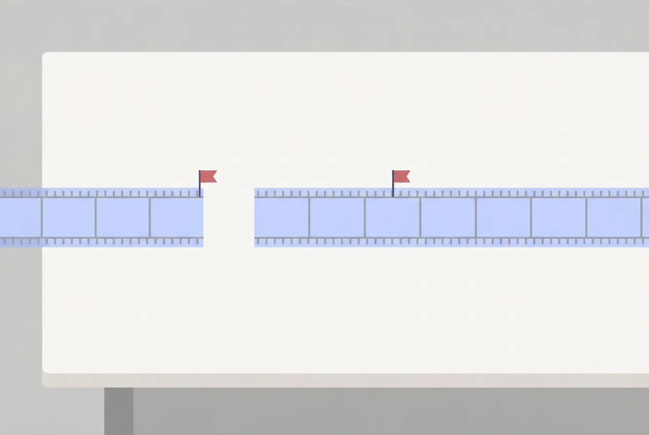 Two video timeline strips of different lengths, each with a marker at the same point in time, which falls at the end of the short one and a third of the way along the long one.