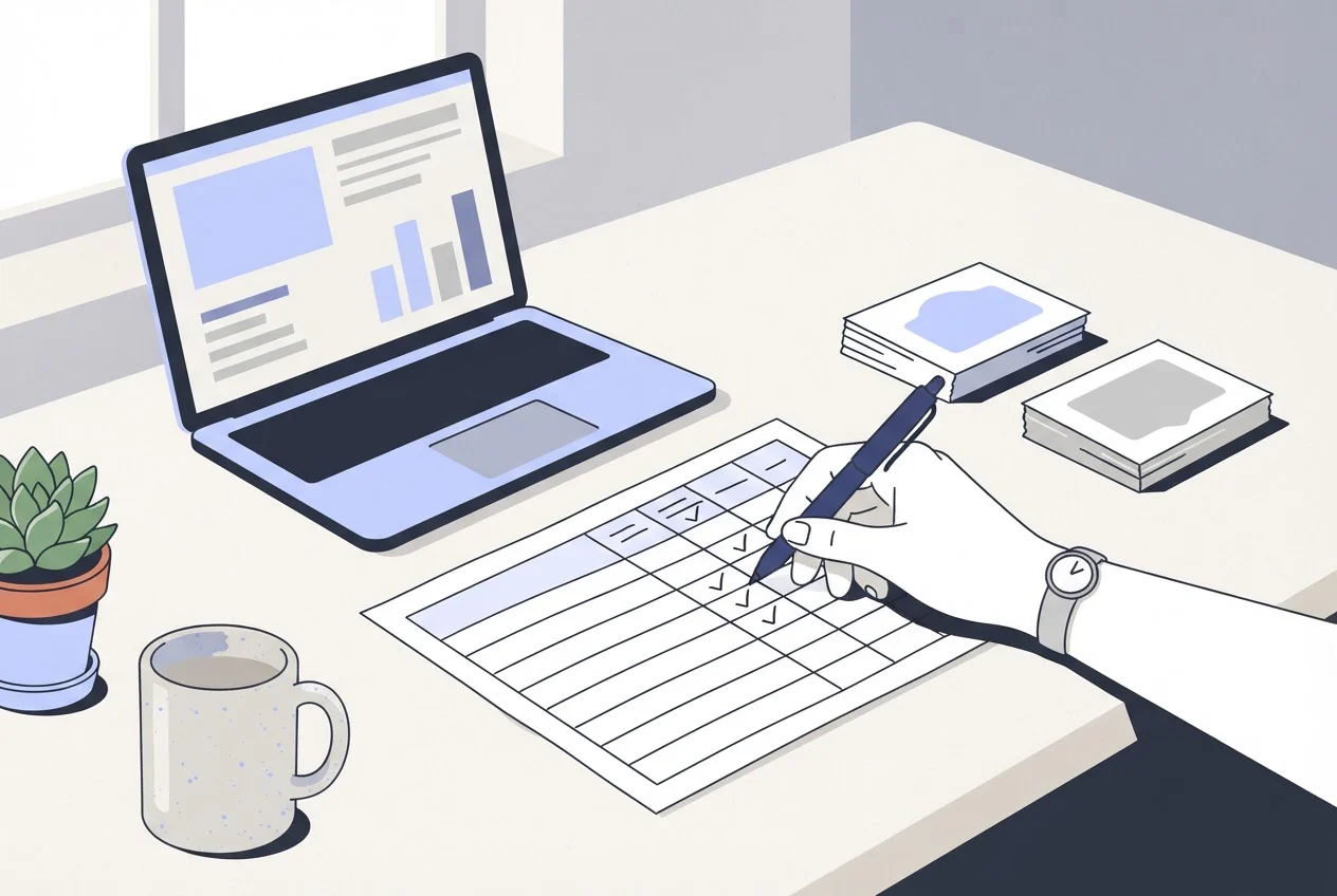 A marketer's hand ticking through a printed checklist sheet beside a laptop, with paper cards sorted into two piles.