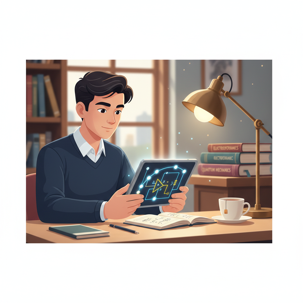 A student analyzing a complex physics circuit diagram on a tablet with highlighted correction points.