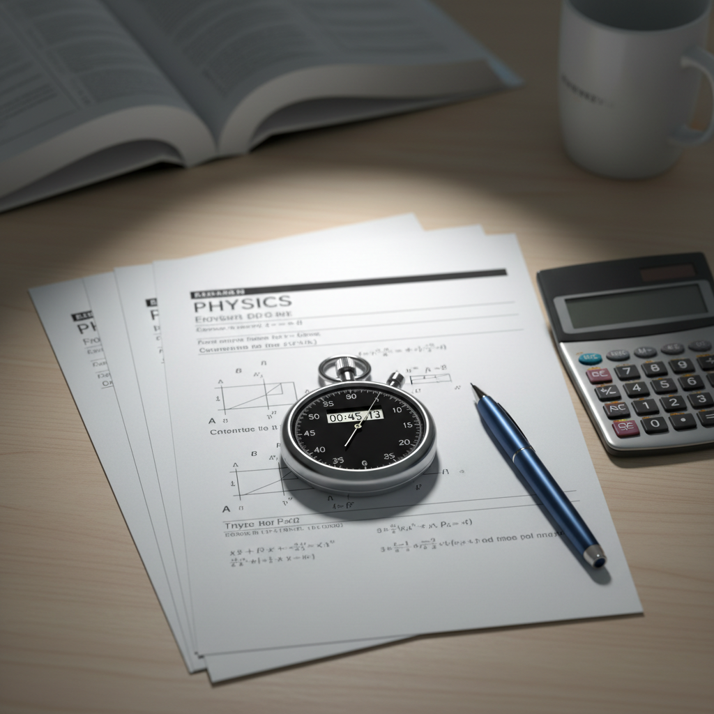 A neat stack of physics past exam papers next to a classic stopwatch and a calculator on a study desk.
