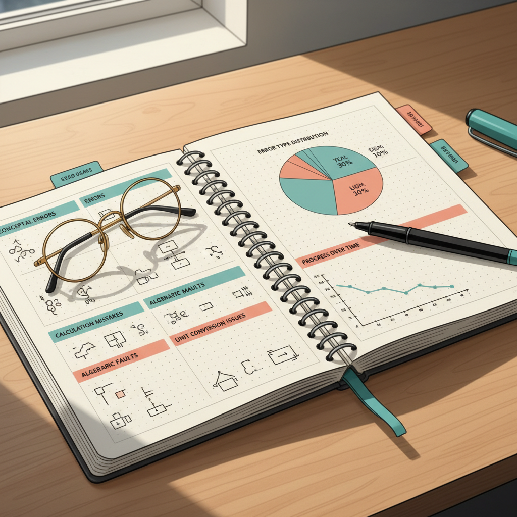 A color-coded mistake-tracking journal with categorized physics error logs on a desk.
