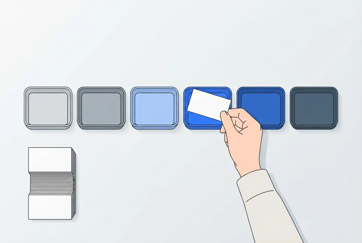 A hand sorts blank cards into six separate trays on a desk.