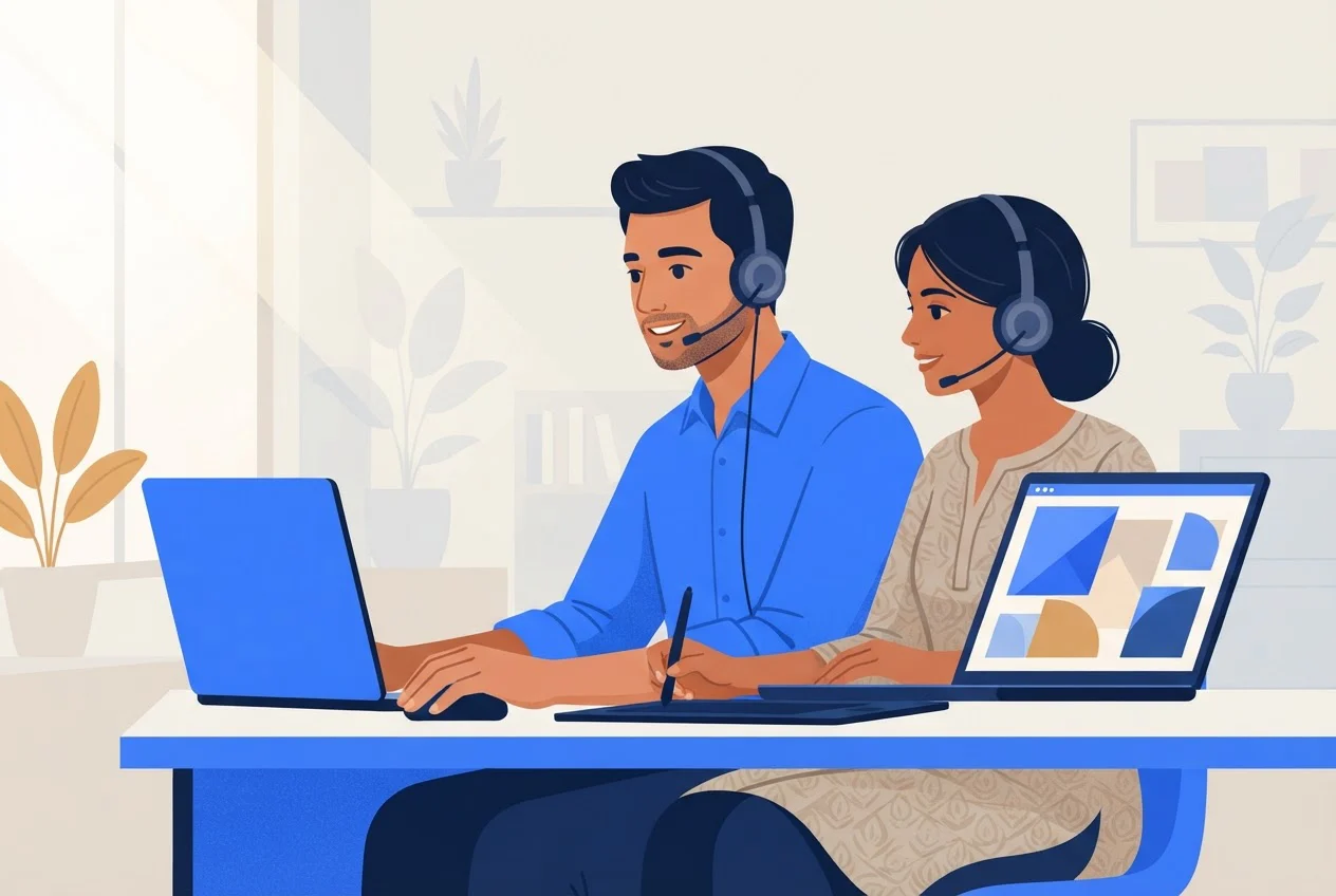A team lead and a telecaller listen to a recorded call together at one desk.