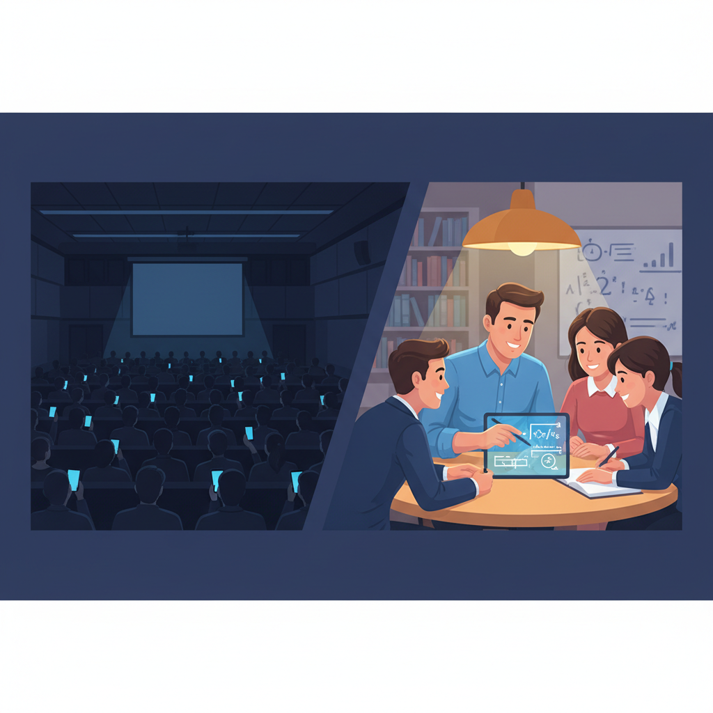 A split-screen illustration contrasting a massive, impersonal lecture hall with a small, focused study group guided by a mentor.