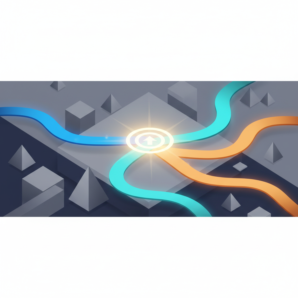 An abstract conceptual illustration of three distinct geometric paths converging towards a central goal of academic success.