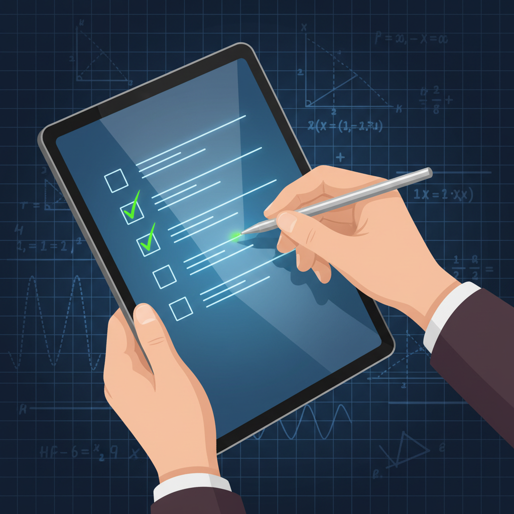 A close-up of a student's hands checking off items on a digital tablet checklist, with physics formulas softly glowing in the background.