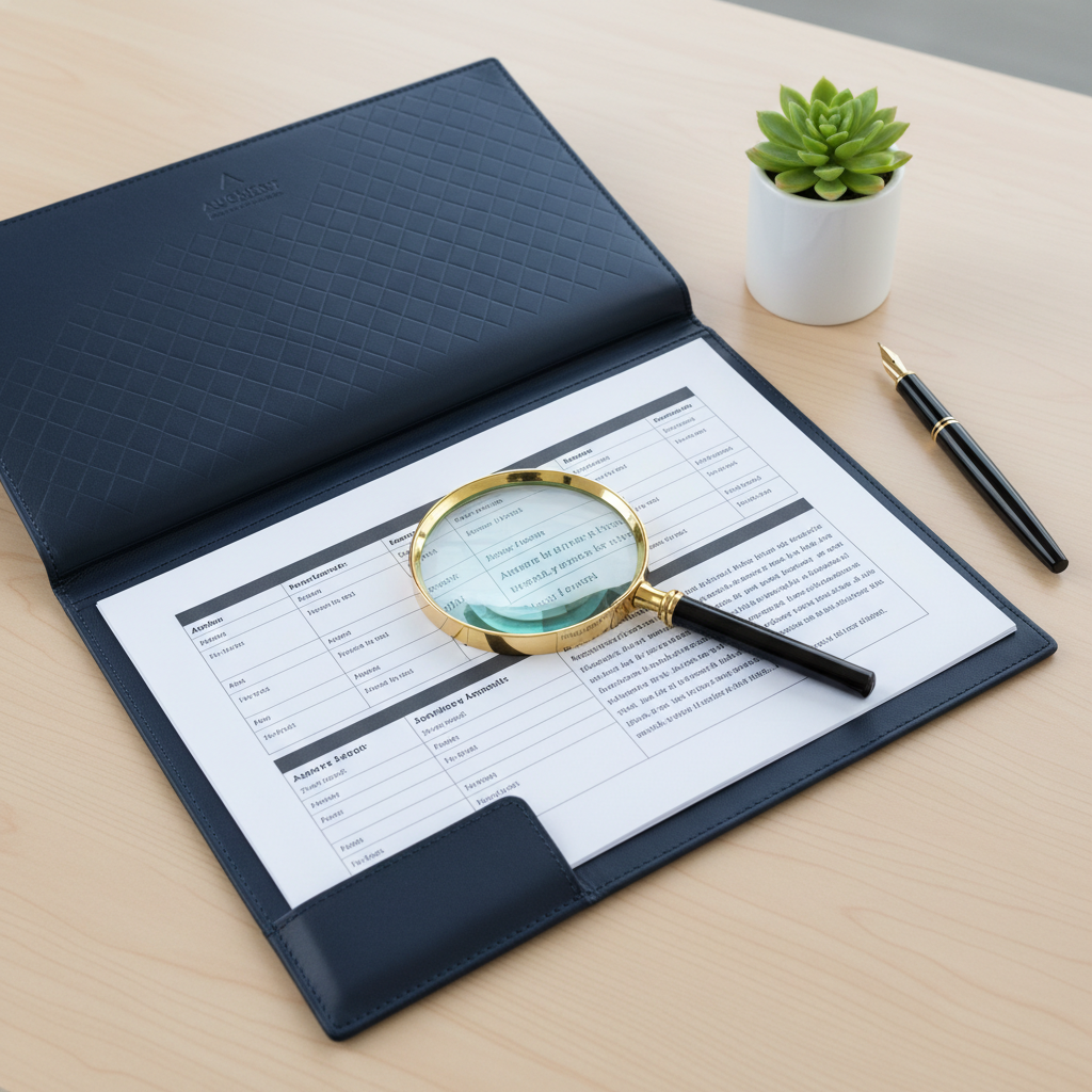 A high-angle photograph of an open document folder on a desk with a magnifying glass resting on a page, symbolizing meticulous review and self-checking.