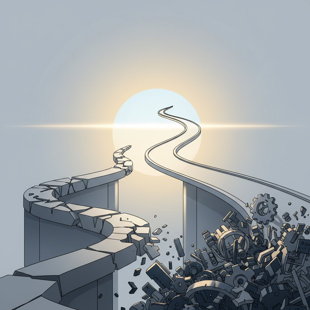 A conceptual illustration showing two paths: one leading into a complex maze of gears, and a successful, elevated path bypassing it toward a bright horizon.