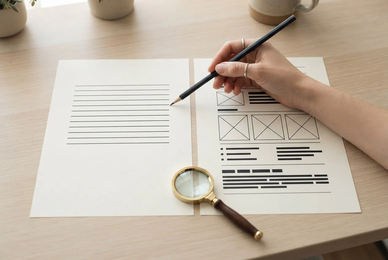 A hand with a pencil compares two matching paper sheets, with a magnifying glass resting beside them.
