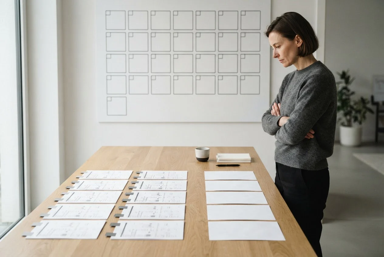 An analyst studies two groups of paper pages on a table, one group tabbed and one plain, in front of an empty grid board.