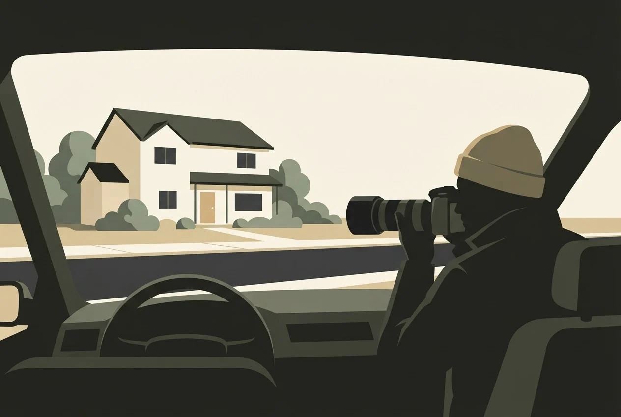 A private investigator in a parked car photographs a house across a quiet suburban street with a telephoto camera.